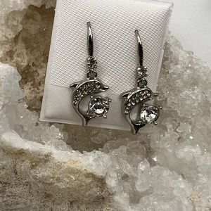 Stainless Steel Dolphin Earrings W/ Cubic Zirconias‎ NEW